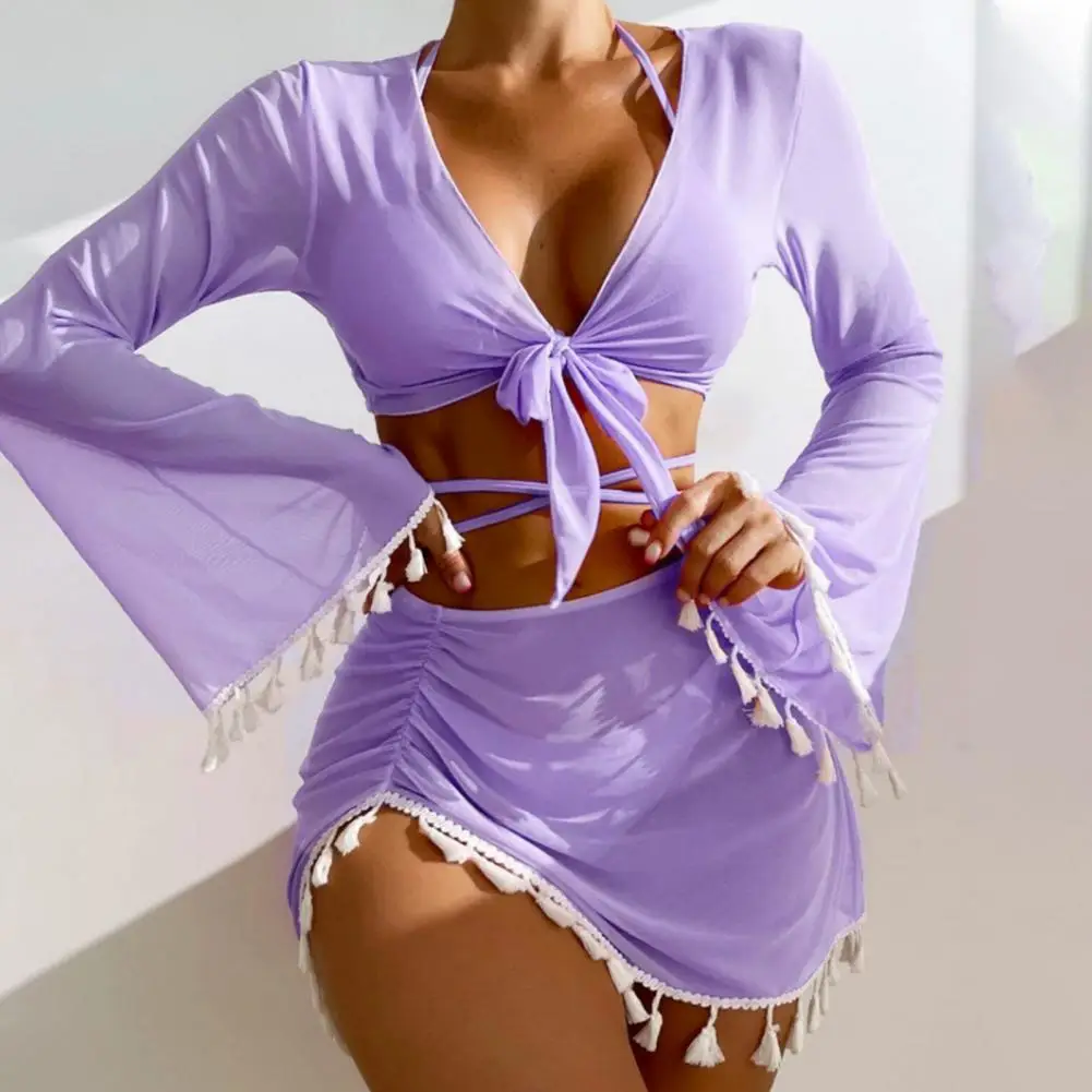 

Women Swimsuit Stylish 4pcs Women's Bikini Set with Flared Sleeve Cover Up Tops Halter Bra High Waist Skirt Solid for Quick