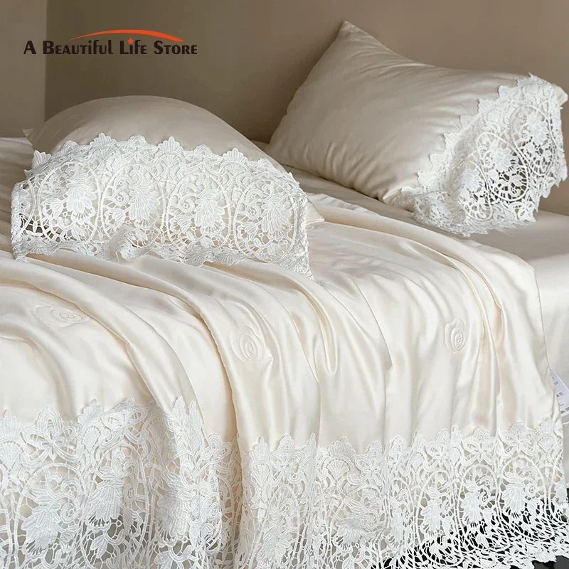 

High-end 100% Lyocell Fiber Summer Quilt Soft Silky Breathable Vintage White Hollow Lace Bedding Set Summer Comforter Blanket