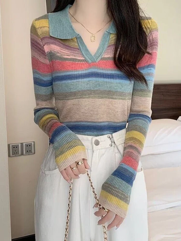 Vintage Stripe Pullover Women Autumn Casual Long Sleeve Lapel Knitted Sweater Female Korean Fashion Contrast Color Slim Knitwear
Vintage Stripe Pullover Women Autumn Casual Long Sleeve Lapel Knitted Sweater Female Korean Fashion Contrast Color Slim Knitwear