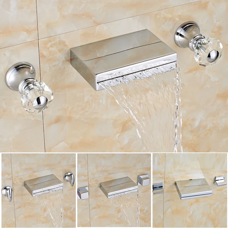 

Vidric Chrome Finished Bathroom Wall Mout Basin Faucet Widespread Dual Handle Waterfall Bath Spout Mixer Taps