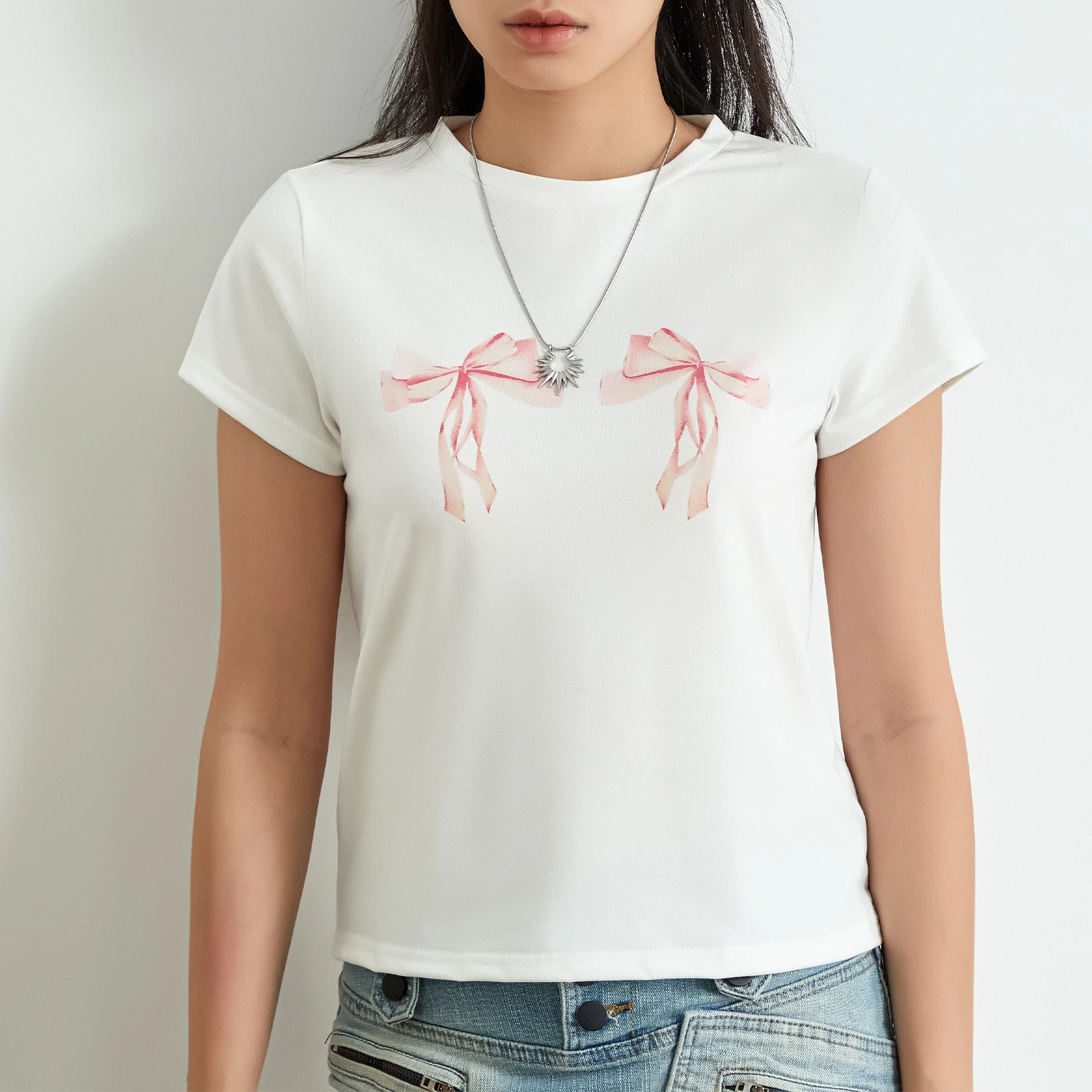 Summer Women's Casual Tops Slim Fit Round Neck Short Sleeve Cute Bow Print T-shirt Tops
Summer Women's Casual Tops Slim Fit Round Neck Short Sleeve Cute Bow Print T-shirt Tops
