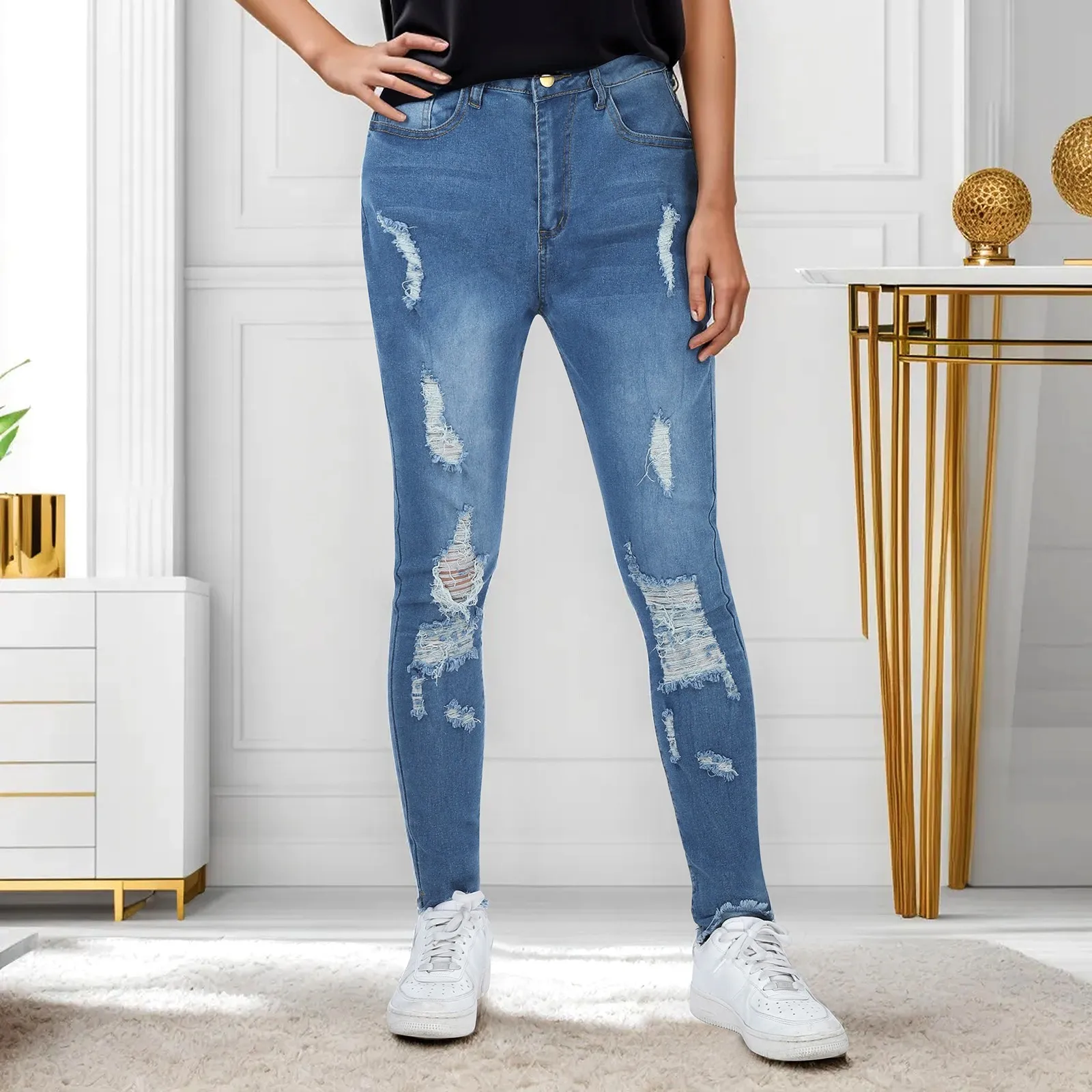 

Women's Casual Jeans Fashion Street Style Ripped Skinny Jeans Vintage wash Solid Denim Trouser pencil denim Pants Hot Sale