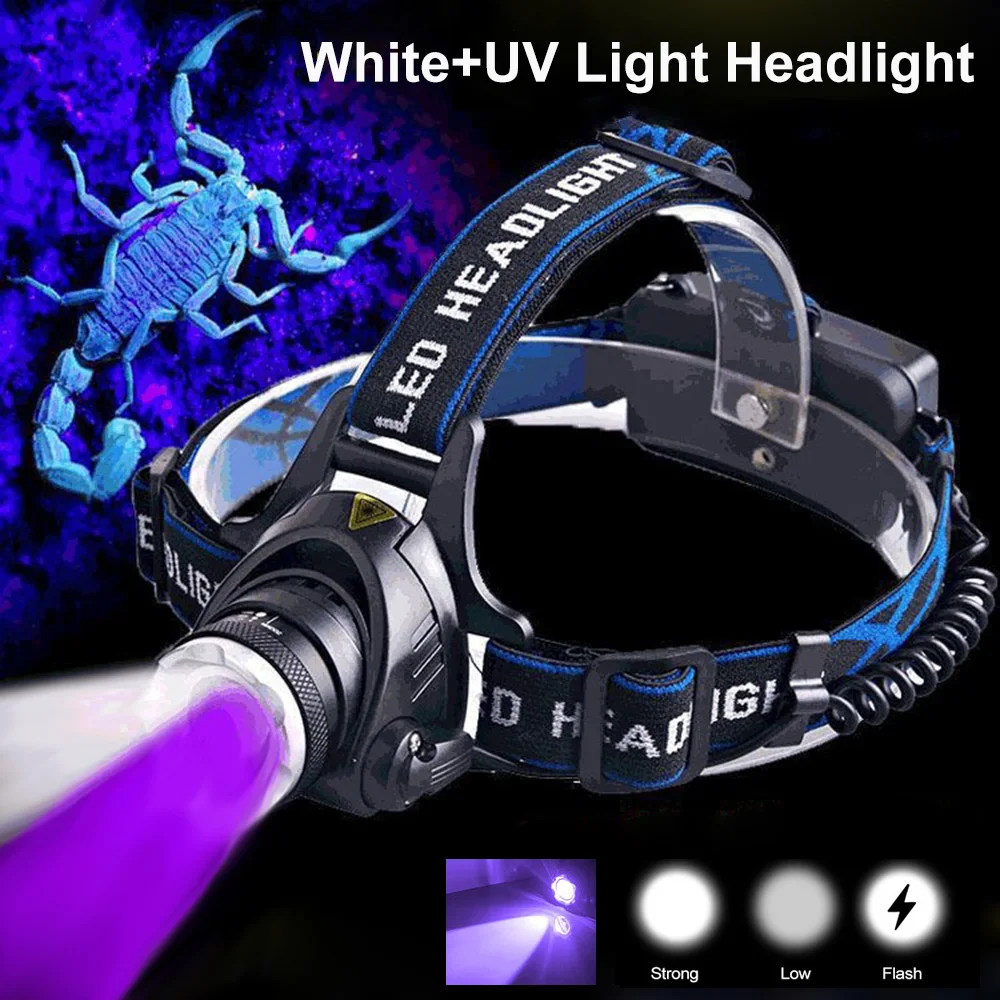 White+395nm UV Headlamp USB Rechargeable Ultraviolet Zoomable 4 Modes Headlight Catch Scorption Hunting Camping Head Torch
White+395nm UV Headlamp USB Rechargeable Ultraviolet Zoomable 4 Modes Headlight Catch Scorption Hunting Camping Head Torch