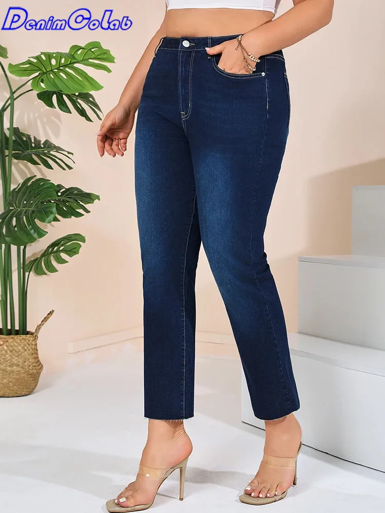 

Denimcolab 2024 Plus Size Women's High Waist Jeans With Solid Elastic Denim Straight Nine Pants Ladies Streetwear Whisker Jeans