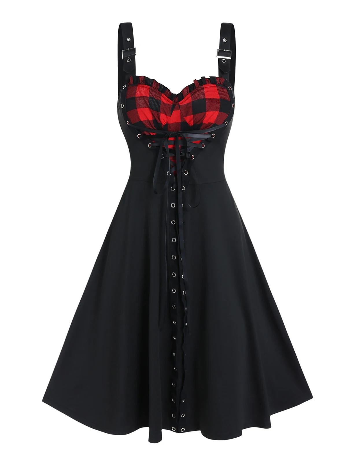 Women Summer Knee Length Gothic Style Plaid Pattern Heart Eyelet Lace Up Mini A Line Dress Women Summer Knee Length Gothic Style Plaid Pattern Heart Eyelet Lace Up Mini A Line Dress