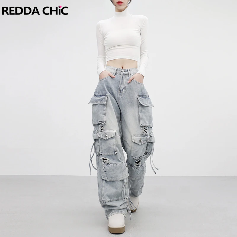 

REDDACHiC Cargo Pockets Ripped Baggy Jeans for Women Destroyed Vintage High Waist Pintuck Wide Leg Denim Pants Korean Streetwear