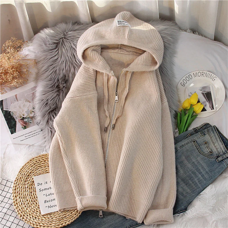 

2023Spring New Fashion Temperament Thick Solid Color Hooded Knit Cardigan Zipper Coat Sweater Women Loose Top Thick Women's Wear