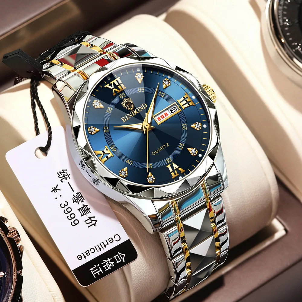 Luminous Calendar Hand Clock Male's Business Wristwatch BINBOND B2521 Men's Quartz Watch Diamond Grid Strap Design Waterproof
Luminous Calendar Hand Clock Male's Business Wristwatch BINBOND B2521 Men's Quartz Watch Diamond Grid Strap Design Waterproof