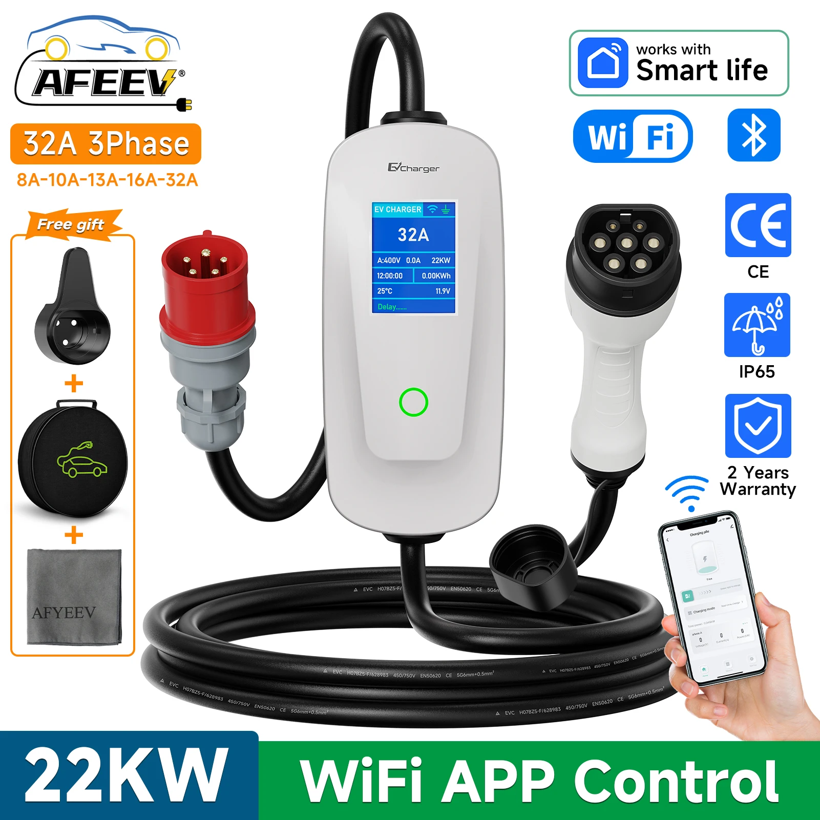 AFEEV Type 2 Portable EV Charger 22KW 32A 3Phase Wallbox IEC62196-2 EVSE Fast Charging Cable CEE Plug WIFI APP Bluetooth Control
AFEEV Type 2 Portable EV Charger 22KW 32A 3Phase Wallbox IEC62196-2 EVSE Fast Charging Cable CEE Plug WIFI APP Bluetooth Control
