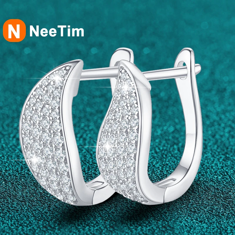 

NeeTim Full Moissanite 925 Silver Hoops Earrings for Women Gold Plated Huggie Earring Wedding Engagement Luxury Designer Jewelry
