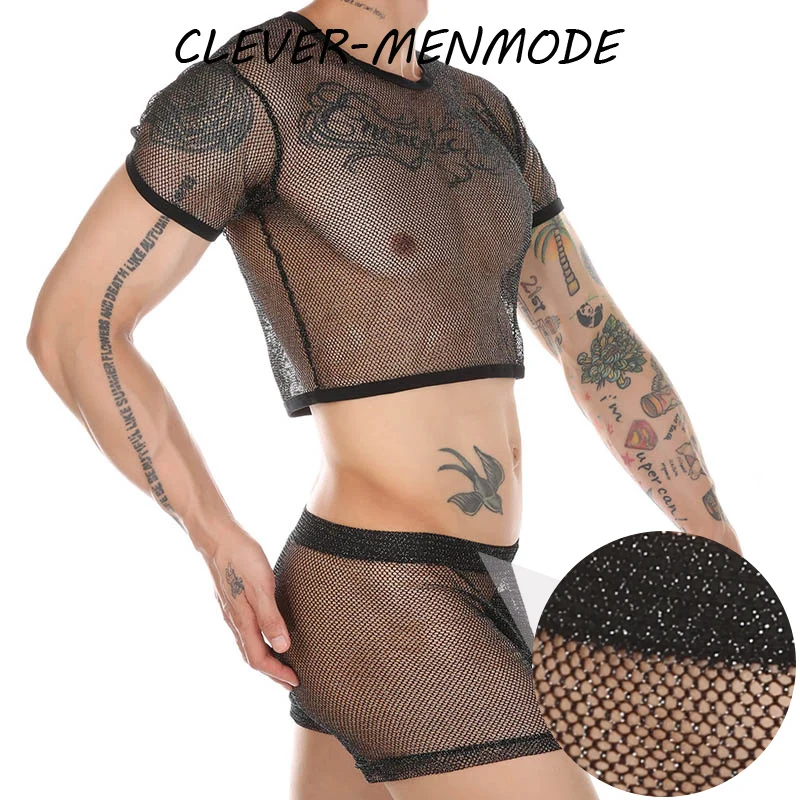 

Men's Sexy Erotic Fishnet Sheer T-Shirt Shorts Suit Women Men Ultra-Thin Transparent Porn Lingerie Mesh Cutout Tight Clothing