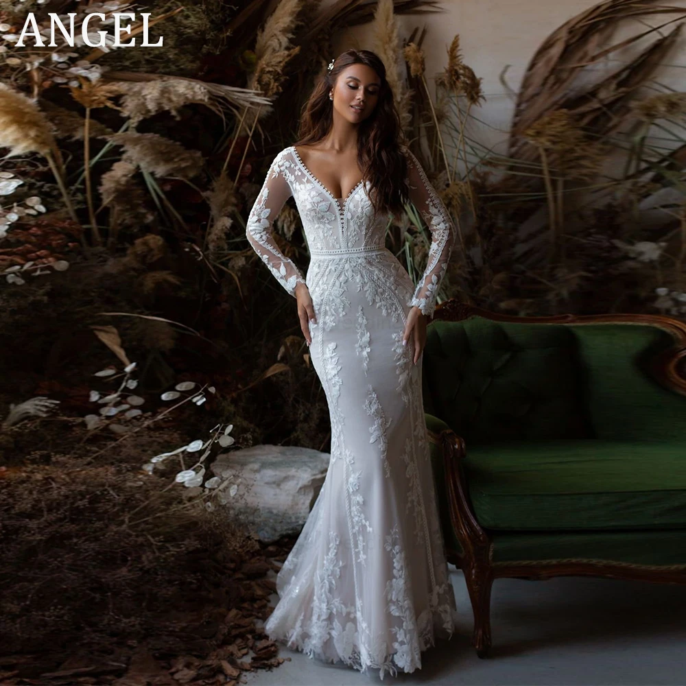 ANGEL Mermaid V-Neck Lace Wedding Dress Elegant Long Sleeves Backless Tulle Bridal Gown Custom Made Applique Vestido De Noiva
ANGEL Mermaid V-Neck Lace Wedding Dress Elegant Long Sleeves Backless Tulle Bridal Gown Custom Made Applique Vestido De Noiva