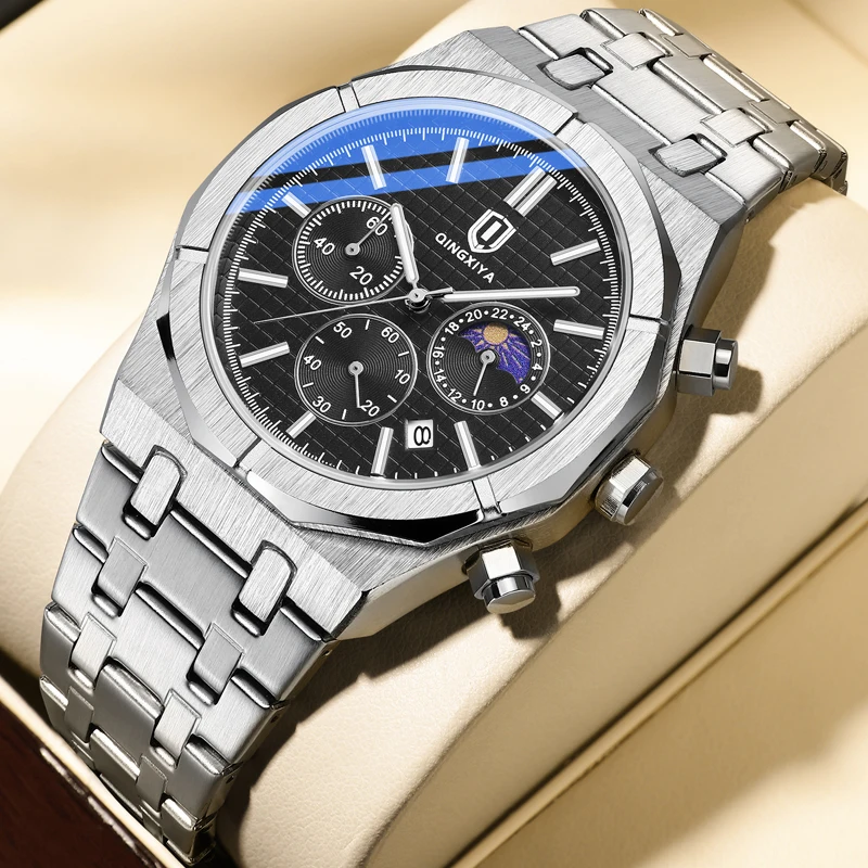 

QINGXIYA Brand Luxury Chronograph Quartz Watch for Men Stainless Steel Waterproof Luminous Moon Phase Watches Relogio Masculino