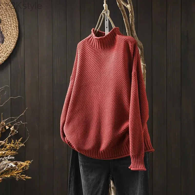 

Vintage Turtleneck Pullover Women Knit Long Sleeve Top Tees Sweater Oversize Knitwears Ladies Casual 2024 New