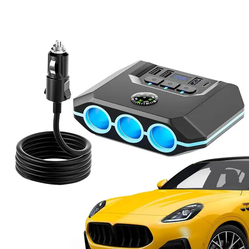 

Car Lighter Splitter 120w 12/24v Car Charger With 3-Socket And 4 Chargers LED Voltage Display Car Accessories On/Off Switches Qc
