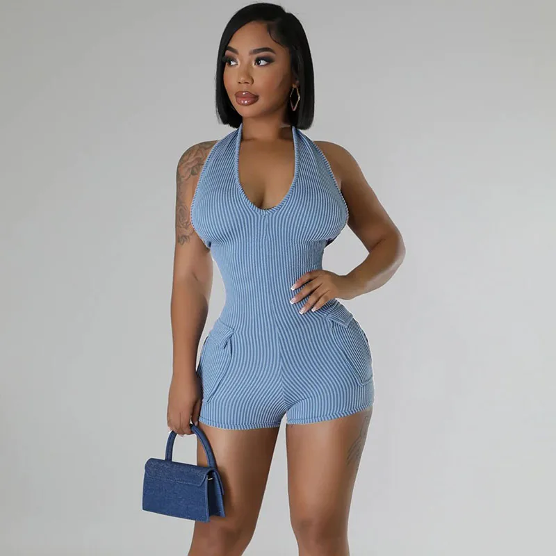 

Solid Knitted Ribbed Short Jumpsuits for Women Casual Playsuit Halter Backless V-neck Sleeveless Skinny Bodycon Rompers Sporty