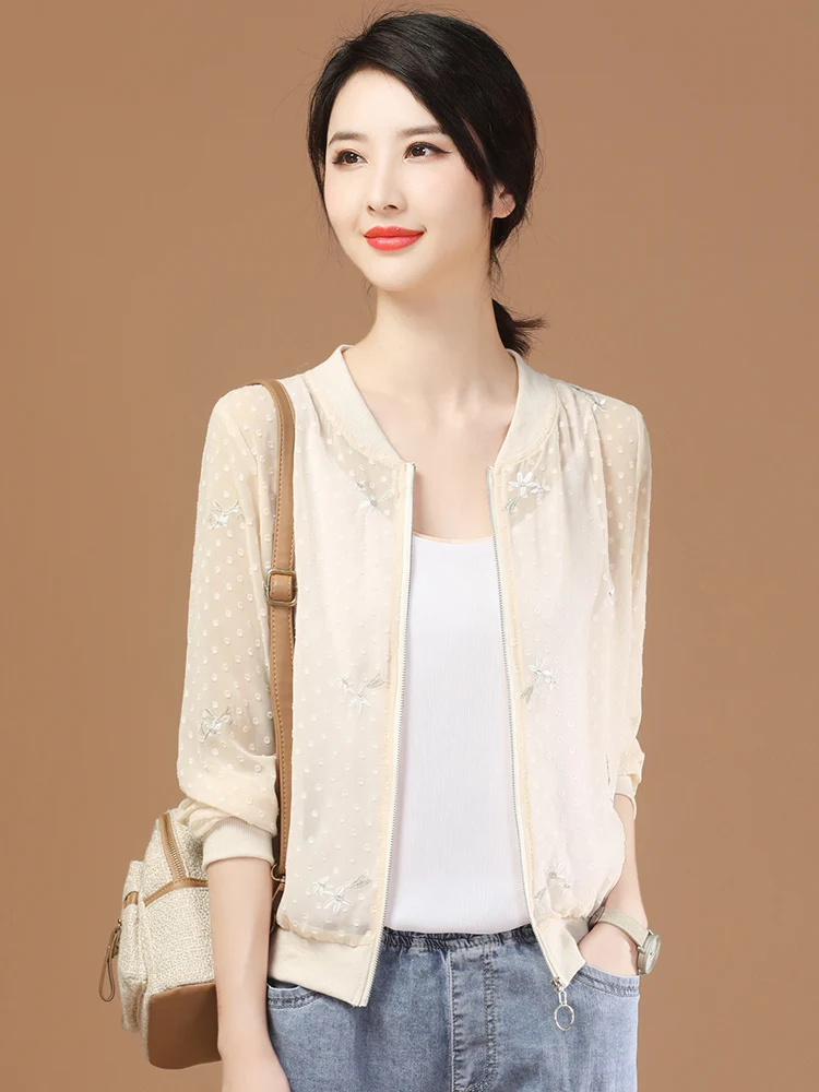 HCXR Women Jacket 2023 Summer Stand Collar Long Sleeve Shirt Chiffon Lace Embroidery Full-zip Bomber Casual Thin Jacket
HCXR Women Jacket 2023 Summer Stand Collar Long Sleeve Shirt Chiffon Lace Embroidery Full-zip Bomber Casual Thin Jacket