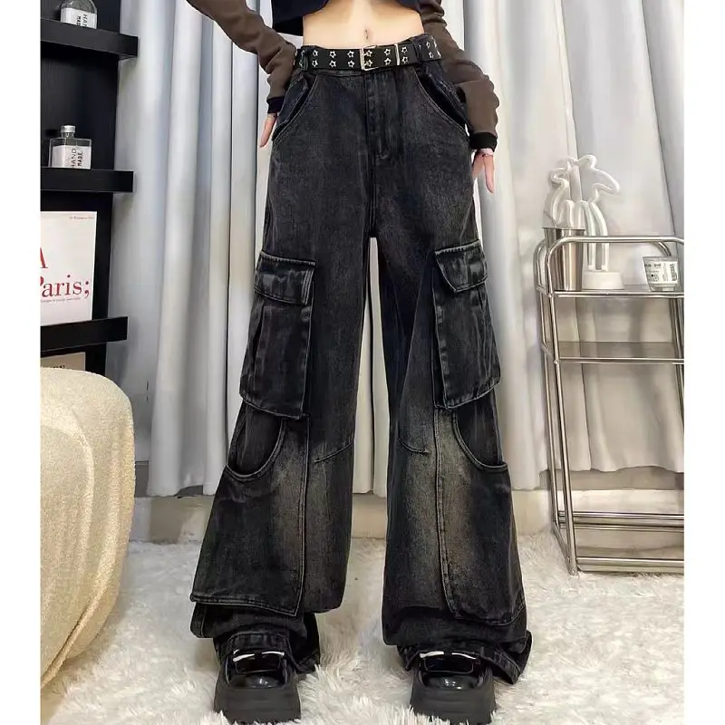 

Multi Pocket Cargo Pants Women Street Retro Washed and Distressed Baggy Jeans Women Loose Wide Legs High Waisted Jeans Woman