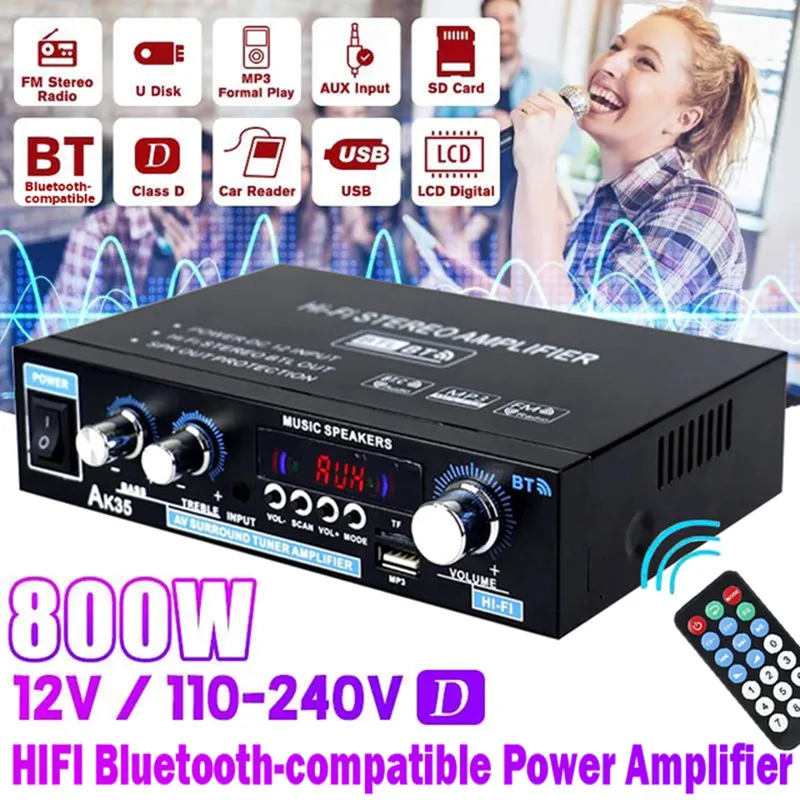 

AK35 380 800W Home Bluetooth Speaker Amplifiers Audio 110-240V Bass Audio Digital Power Amplificador FM Auto Music Subwoofer Amp