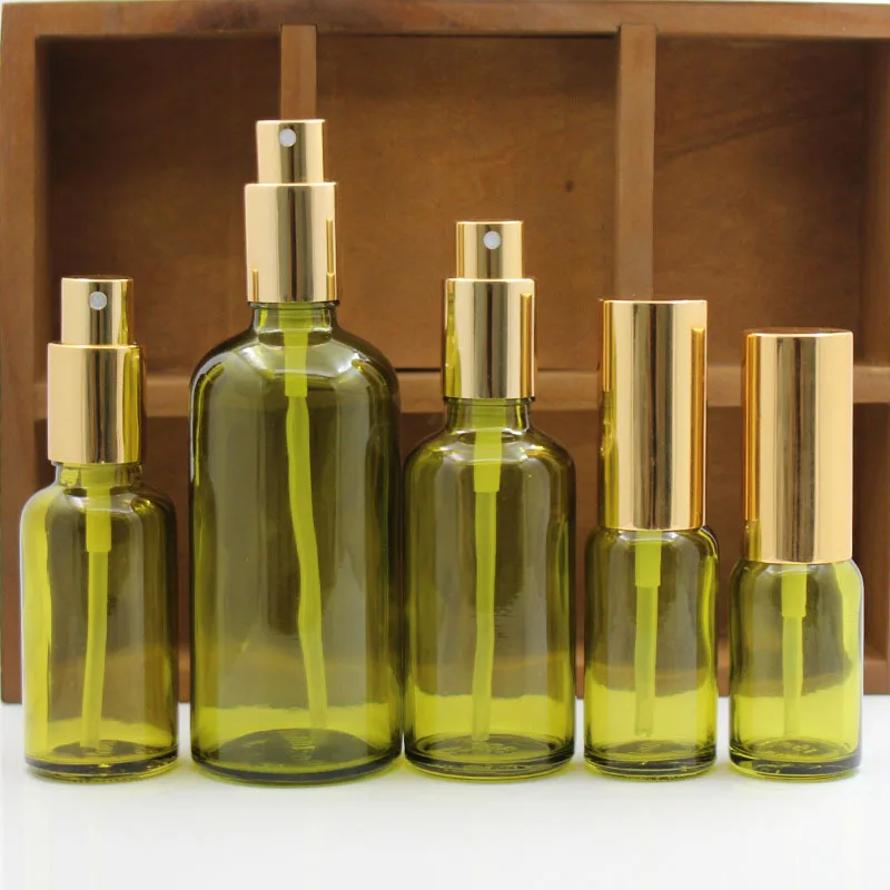 

10ml/ 20ml/30ml/50ml/100ml Refillable Press Pump Glass Spray olive green Bottle Oils Liquid Container Perfume Atomizer Travel