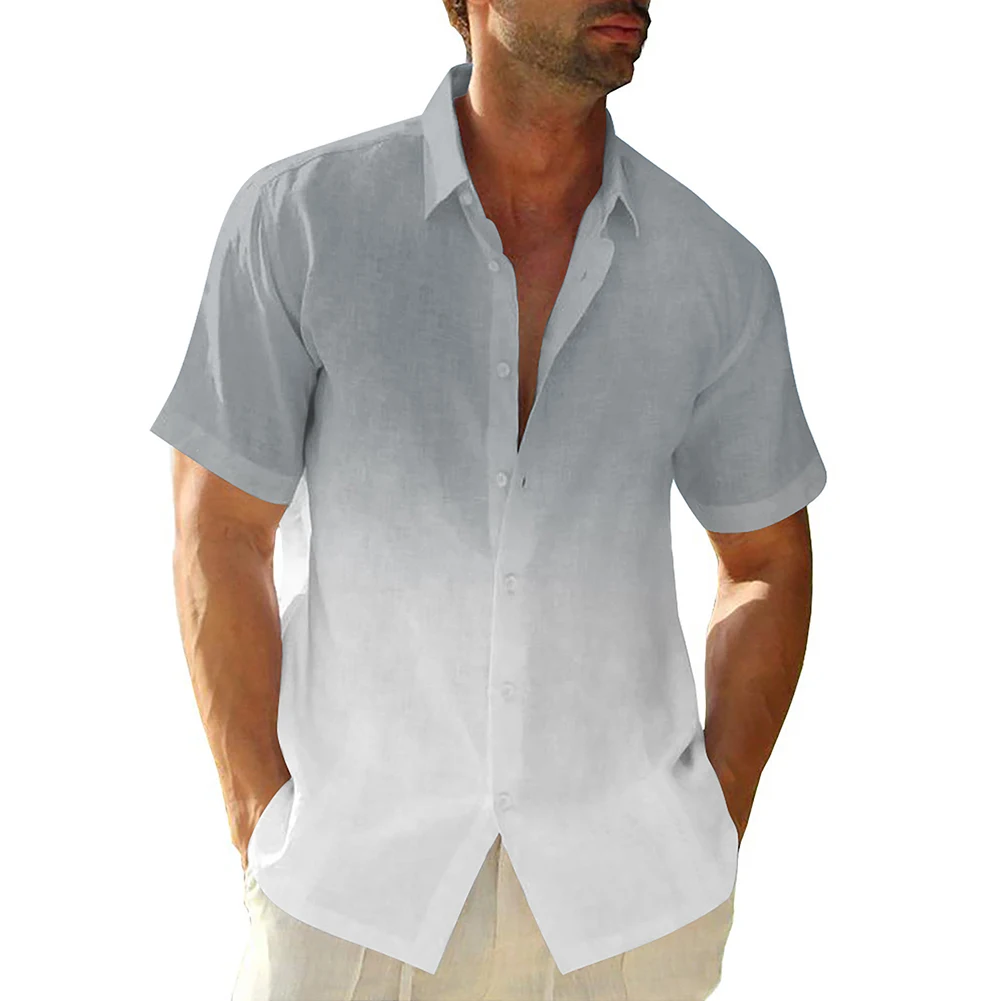 

Блузка с градиентом, Пляжная рубашка, искусственная Полиэстеровая рубашка с коротким рукавом, 1 шт., с воротником на пуговицах, летняя брендовая Новая повседневная одежда