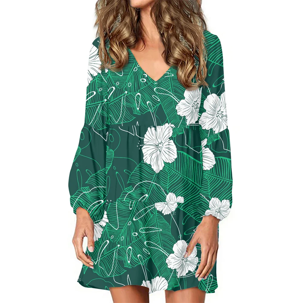 

Women V-Neck Leisure Swing Mini Dress Custom Palm Leaf Hibiscus Print Loose Elegant Lady Long Sleeves Hawaiian Beach Vestidos
