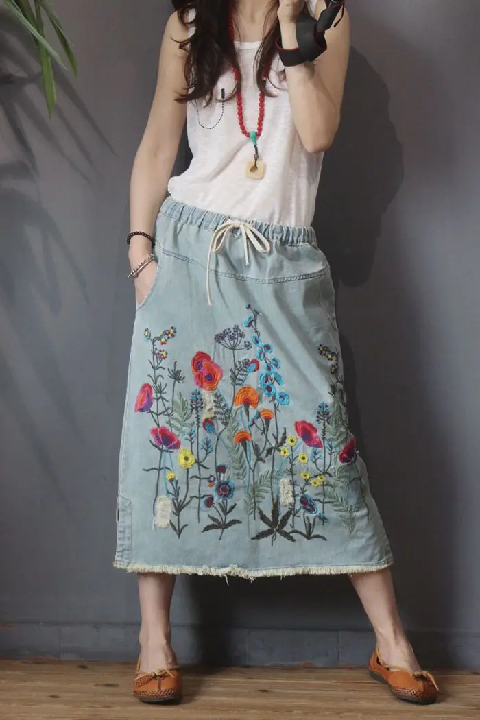 Amax luluE 2024 Fall Womens Luxury Vintage Loose Embroidery Denim Skirts Ladies Casual Floral Streetwear Females Elegant Clothes Amax luluE 2024 Fall Womens Luxury Vintage Loose Embroidery Denim Skirts Ladies Casual Floral Streetwear Females Elegant Clothes