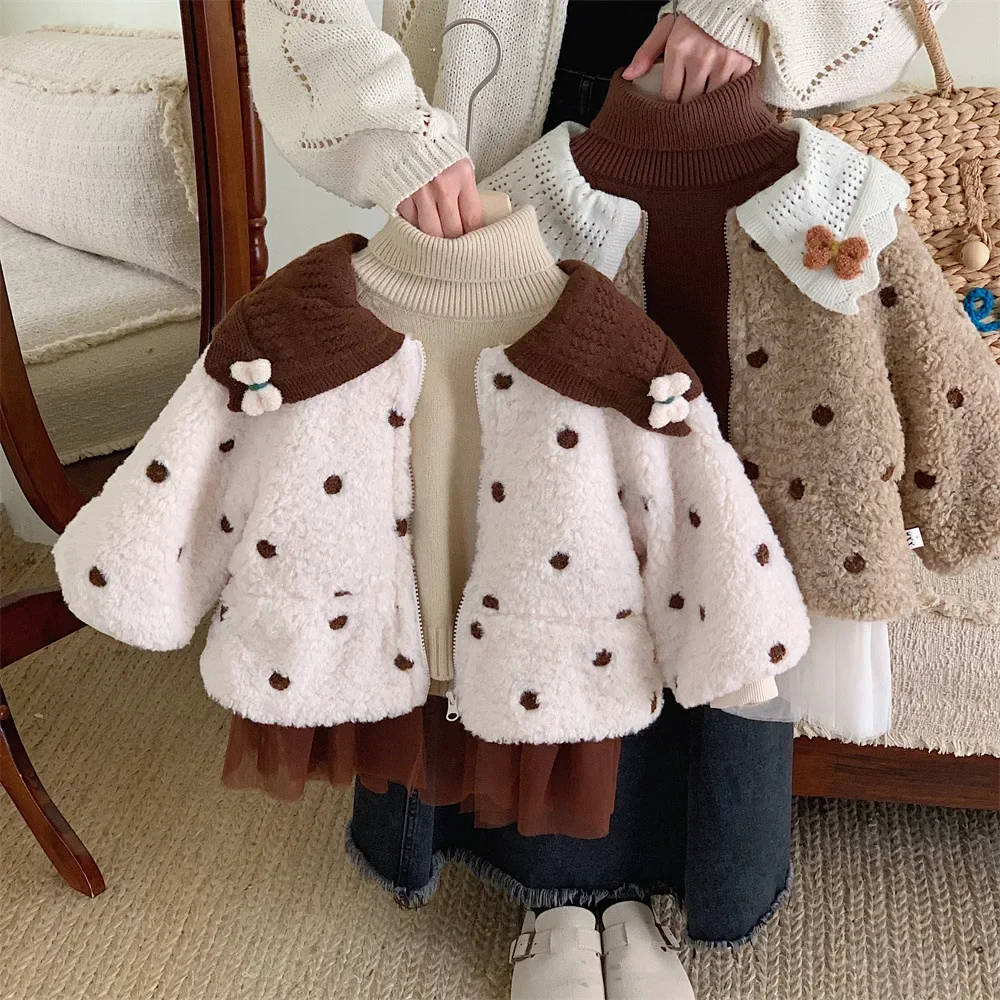 

Fashion Winter Baby Girls Fur Coats Beige Khaki Bowknot Decorated Dotted Zipper Parkas Single Breasted Cardigans