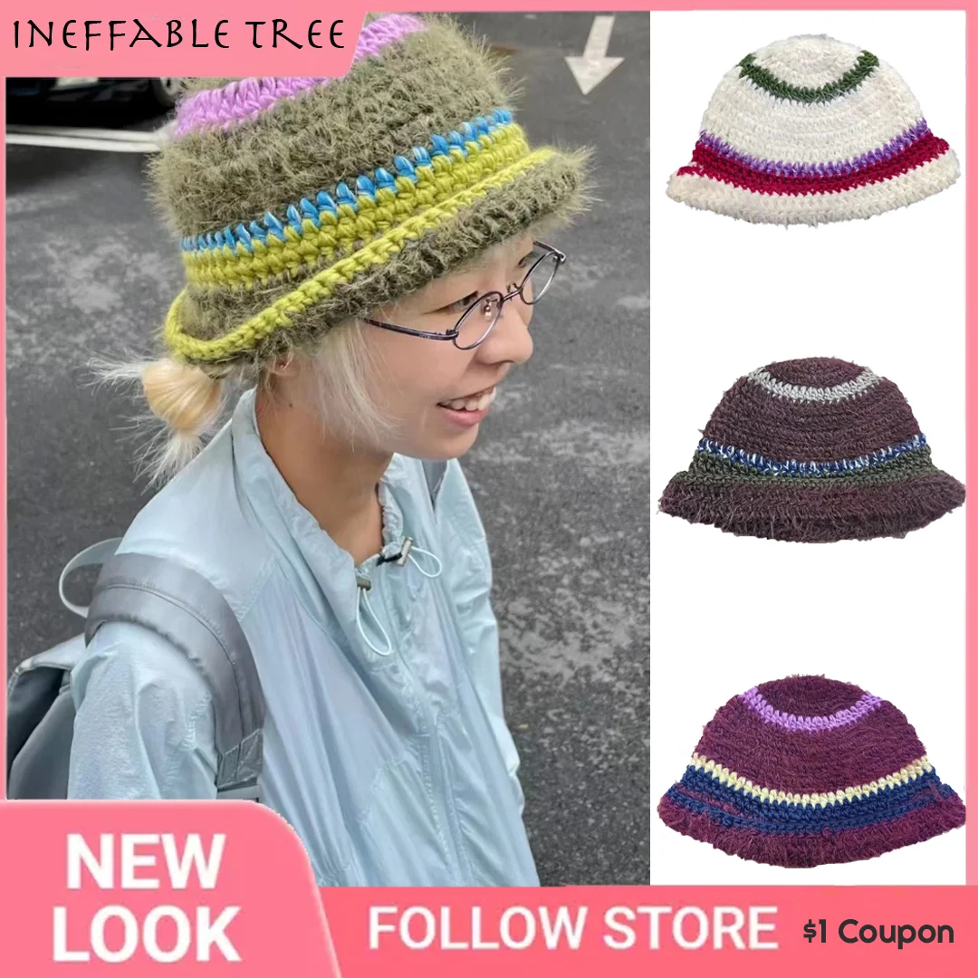 

Korea Handmade Crochet Strip Knitted Woolen Hats for Women Plush Trend Fisherman Basin Bucket Bob Cap Gorras Sombreros De Mujer