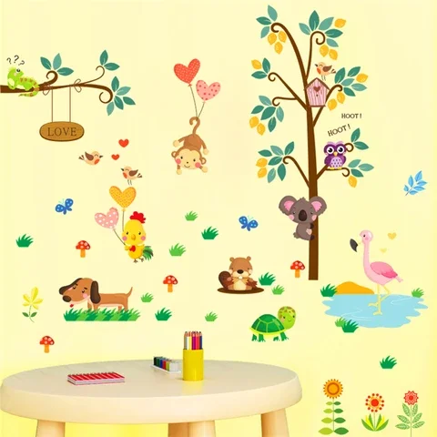 

forest wild owl monkey turtle tree wall stickers for kids rooms decor cartoon animals wall decals art pvc posters diy mural art