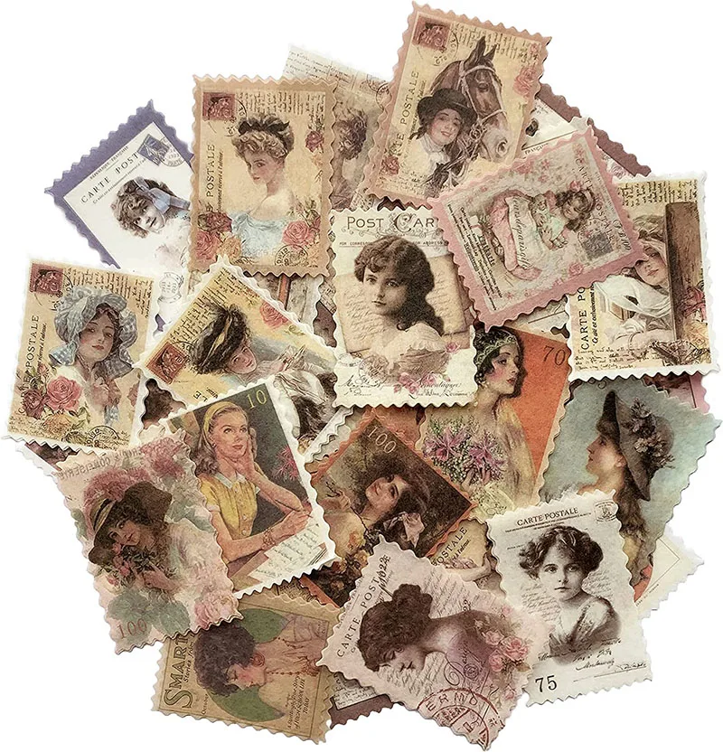 

60Pcs Vintage Postage Stamp Stickers, Aesthetic Classical Beauty Deco Paper Sticker for Scrapbooking