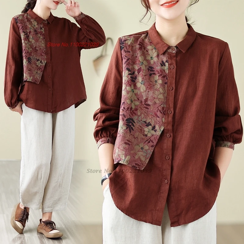 

2024 women hanfu blouse national flower print ethnic blouse traditional hanfu tops oriental tang suit retro folk style blouse