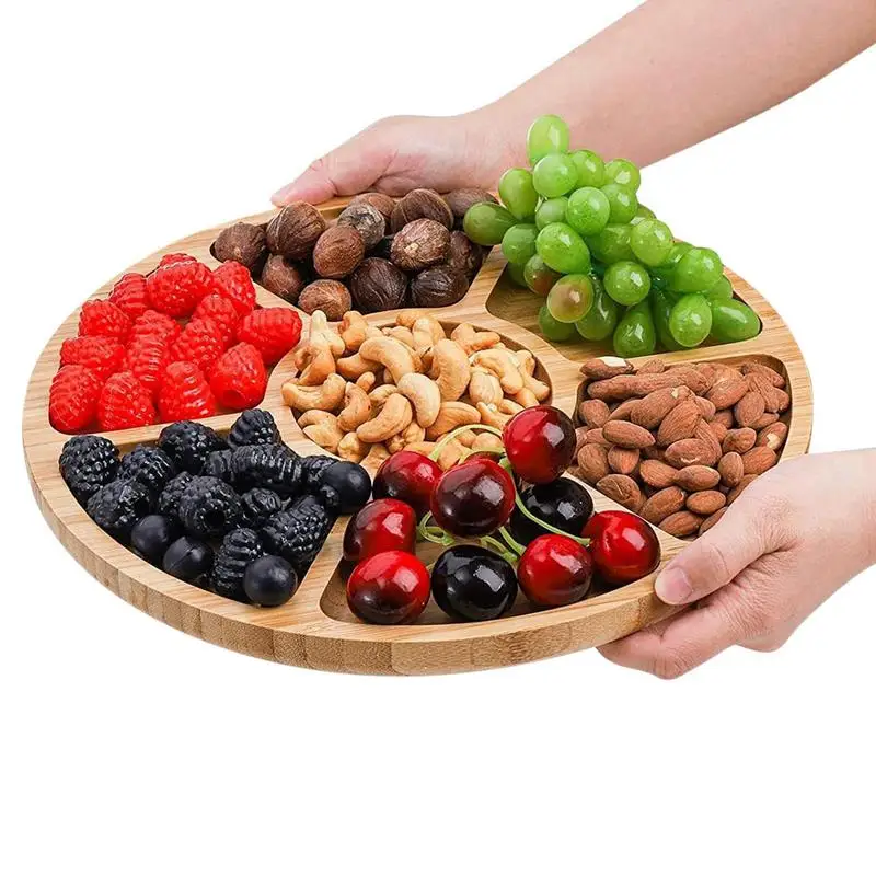 

Wooden Divided Serving Trays Bamboo Round Fruit Tray With 5 Compartments Serving Dish For Party Snacks Dried Fruits Home Bar
