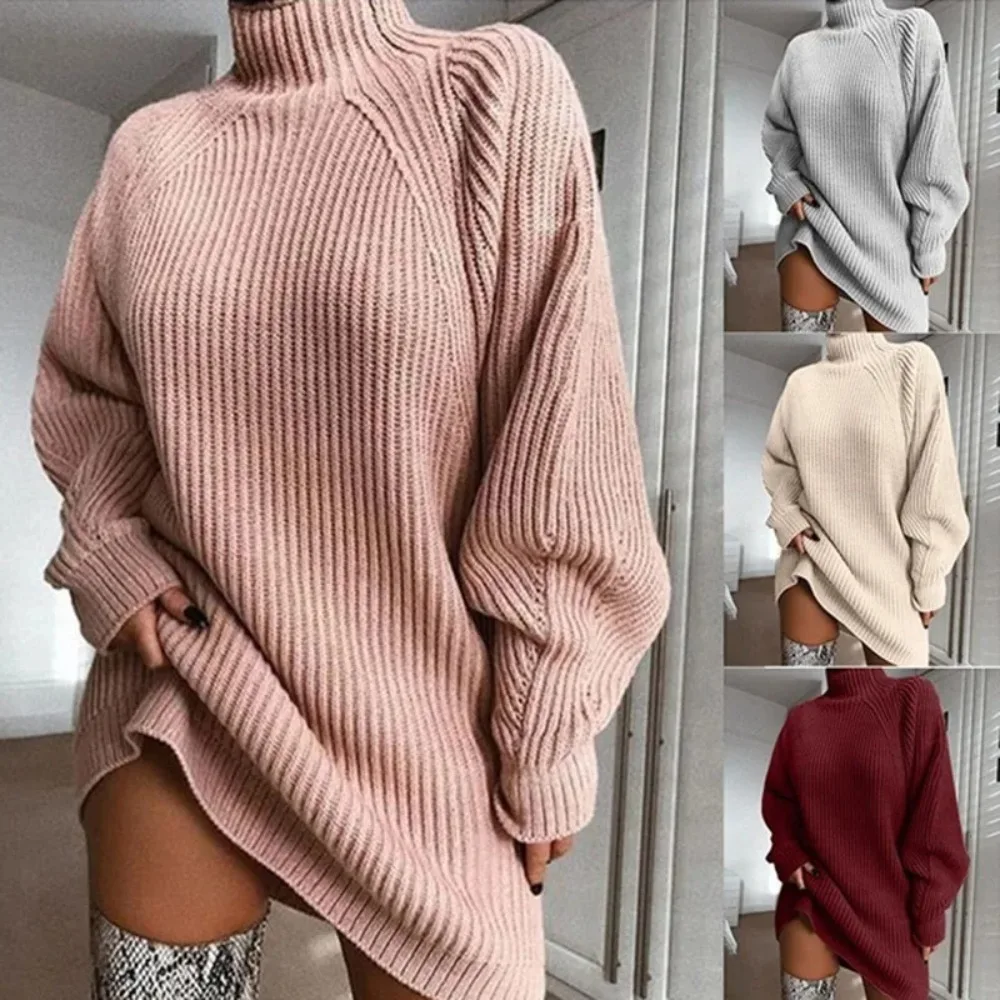 

Women's Mid-length Raglan Sleeves Half Turtleneck Sweater Dress, Autumn and Winter Knitwear, Loose and Soft Pullover, New