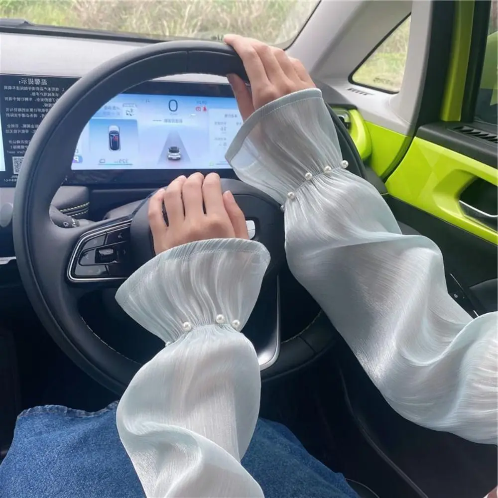 

Summer Sun Protection Ice Silk Sleeves UV Protection for Women Driving Outdoor Lace Transparent Pearl Sunscrean Sleeve Gloves