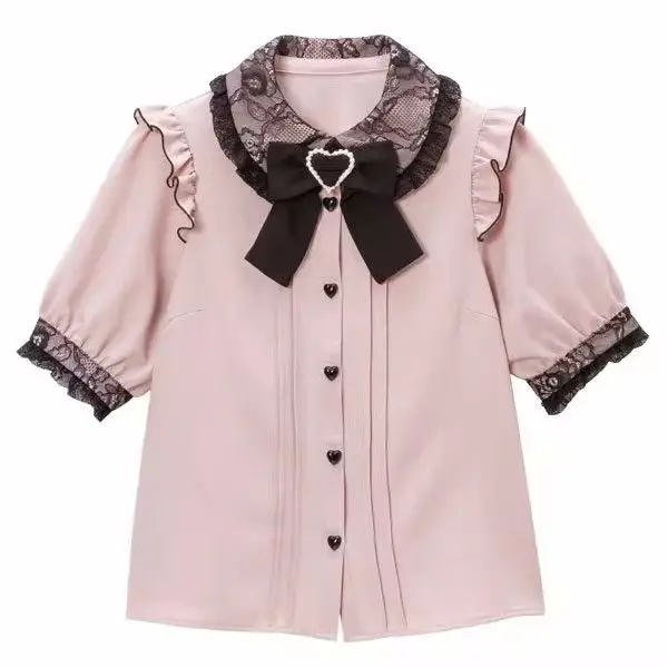 

Sweet Lolita Lace Patchwork Short Sleeve Blouse Women Japanese Y2k Clothes Harajuku JK Bow Ruffles Shirt Girl Kawaii Blusas Tops