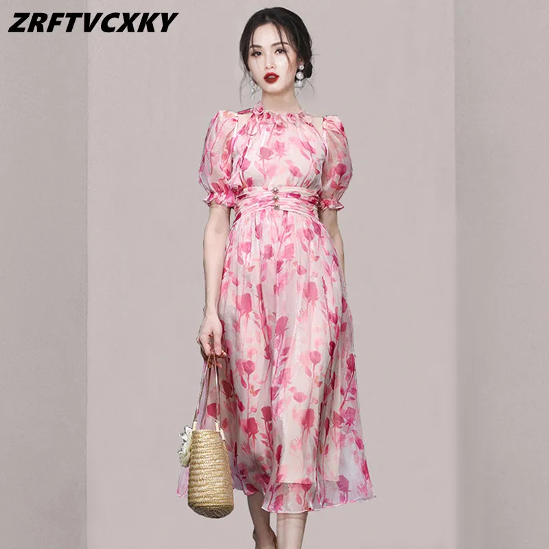 

Женское дизайнерское платье с пышными рукавами, элегантное розовое ТРАПЕЦИЕВИДНОЕ ПЛАТЬЕ с круглым вырезом и высокой талией в складку, лето