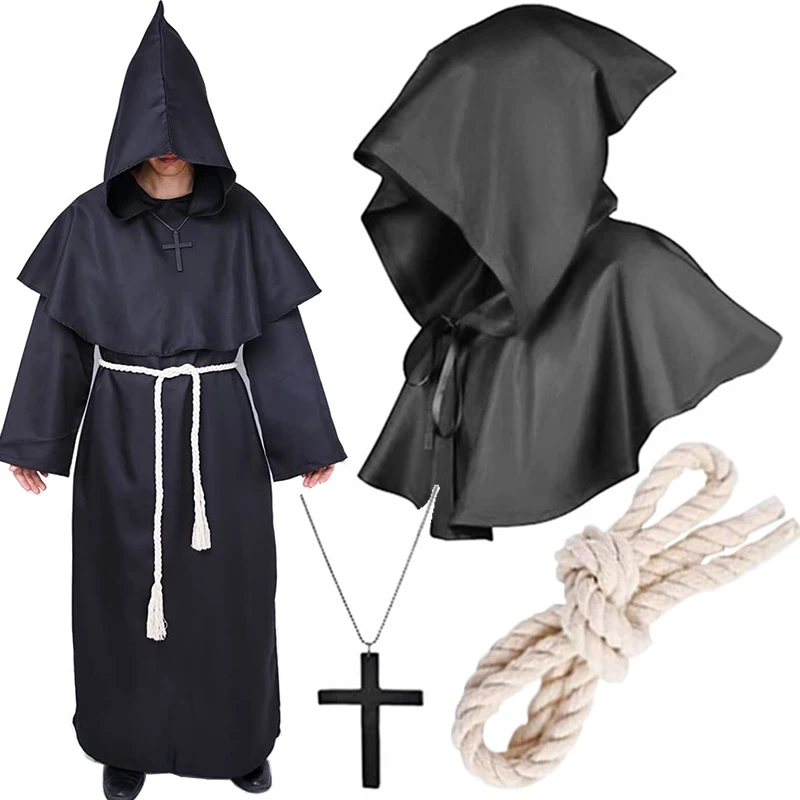

Halloween Medieval Christian Friar Priest Robes Witch Wizard Cloak Cape Party Death Ghost Vampire Devil Cosplay Costumes Set