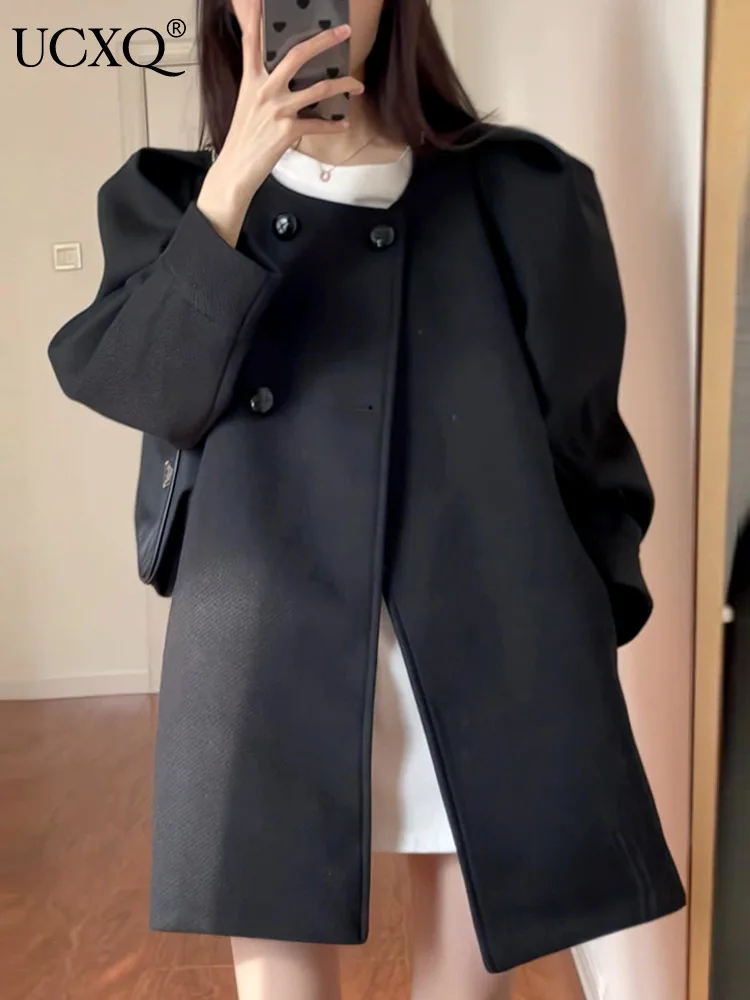 UCXQ Korea Chic High Quality Black O-neck Double Breasted Puff Sleeve Woolen Coat Casual Loose Ladies Jacket Autumn 2023 New
UCXQ Korea Chic High Quality Black O-neck Double Breasted Puff Sleeve Woolen Coat Casual Loose Ladies Jacket Autumn 2023 New