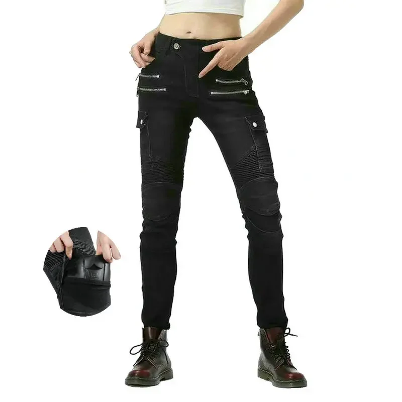 

Женские байкерские брюки Loong для езды на мотоцикле, Модные узкие джинсы с четырьмя цепочками, повседневные защитные брюки В рыцарском стиле