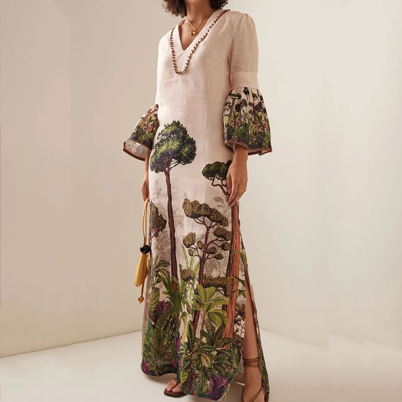 

Женское длинное платье с растительным принтом, Элегантное повседневное платье макси с V-образным вырезом, Расклешенным рукавом и Боковым Разрезом, праздничное пляжное Свободное платье для весны и лета
