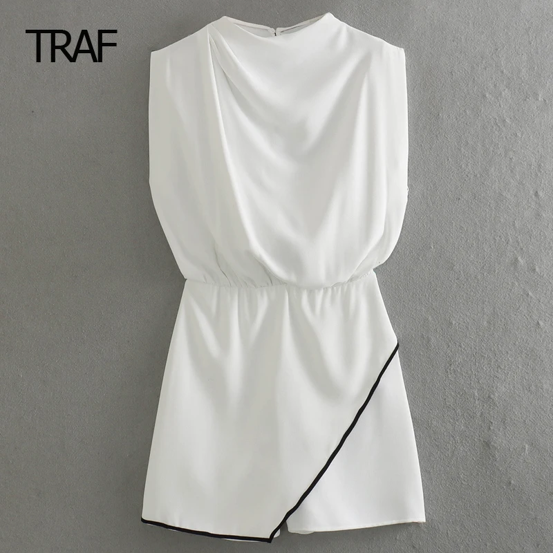 

TRAF Ruffled Contrast Jumpsuits Women's Jumpsuit Spring Summer 2024 O-Neck Sleeveless Short Jumpsuit Chic And Elegant Jumpsuits