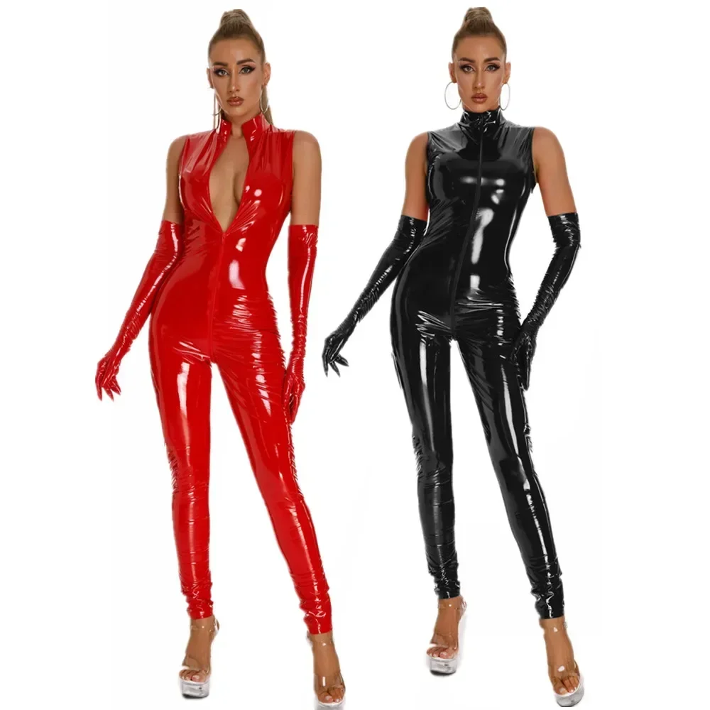 

Sexy Hot Women Shiny Leather Bodysuit PVC Latex Catsuit Front Zipper Open Crotch Jumpsuits Stretch Bodystocking Erotic Costumes