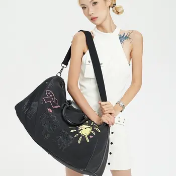 여성용 Y2k 크로스 바디 백, 대용량 럭셔리 디자인, 펑크 그런지 자수 핸드백, 한국 패션, 태양 패턴, 부드러운 숄더백