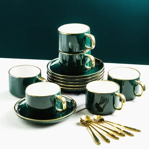 

European Luxurious Gold Rim Ceramics Coffee Tea Cups Golden Top Grade Bone China Saucer Set Birthday Couples Gifts Friends Cup