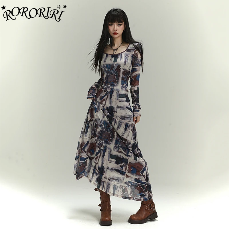 

RORORIRI Aesthetic Y2k Print Maxi Long Dress Women Tie Dye Stretch Scoop Neck Long Sleeve Loose Casual One-piece Vintage Clothes