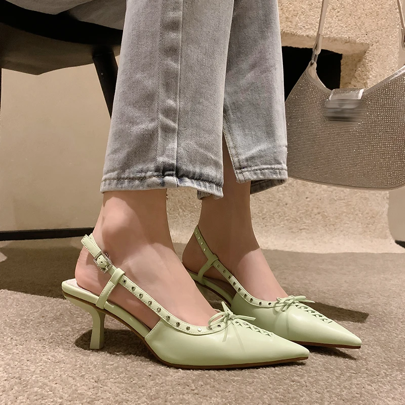 

2024summer women sandals natural Leather shoes 22-24.5cm cowhide+sheepskin pointed toe Rivet Bow Back Loop high heel women shoes