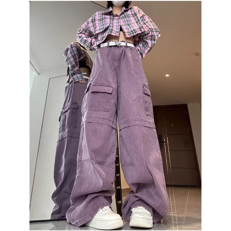 

Летние фиолетовые женские джинсы с высокой талией в стиле хип-хоп, модная винтажная американская уличная одежда, широкие брюки Y2K, мешковатые джинсовые брюки