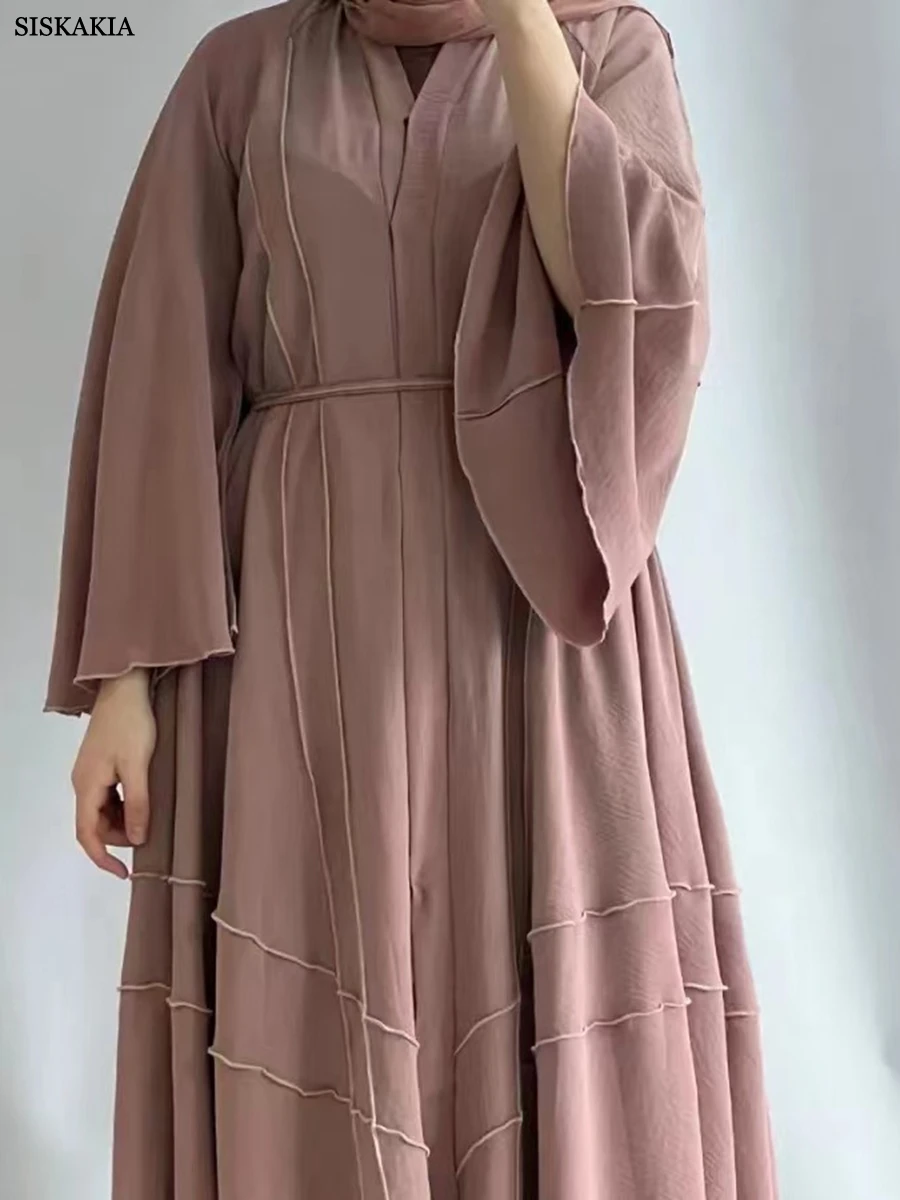 

Siskakia Ramadan Eid Muslim Women Clothing Solid Modest Belted Kimono Abaya Saudi African Dress Moroccan Arab Kaftan Islam Robe