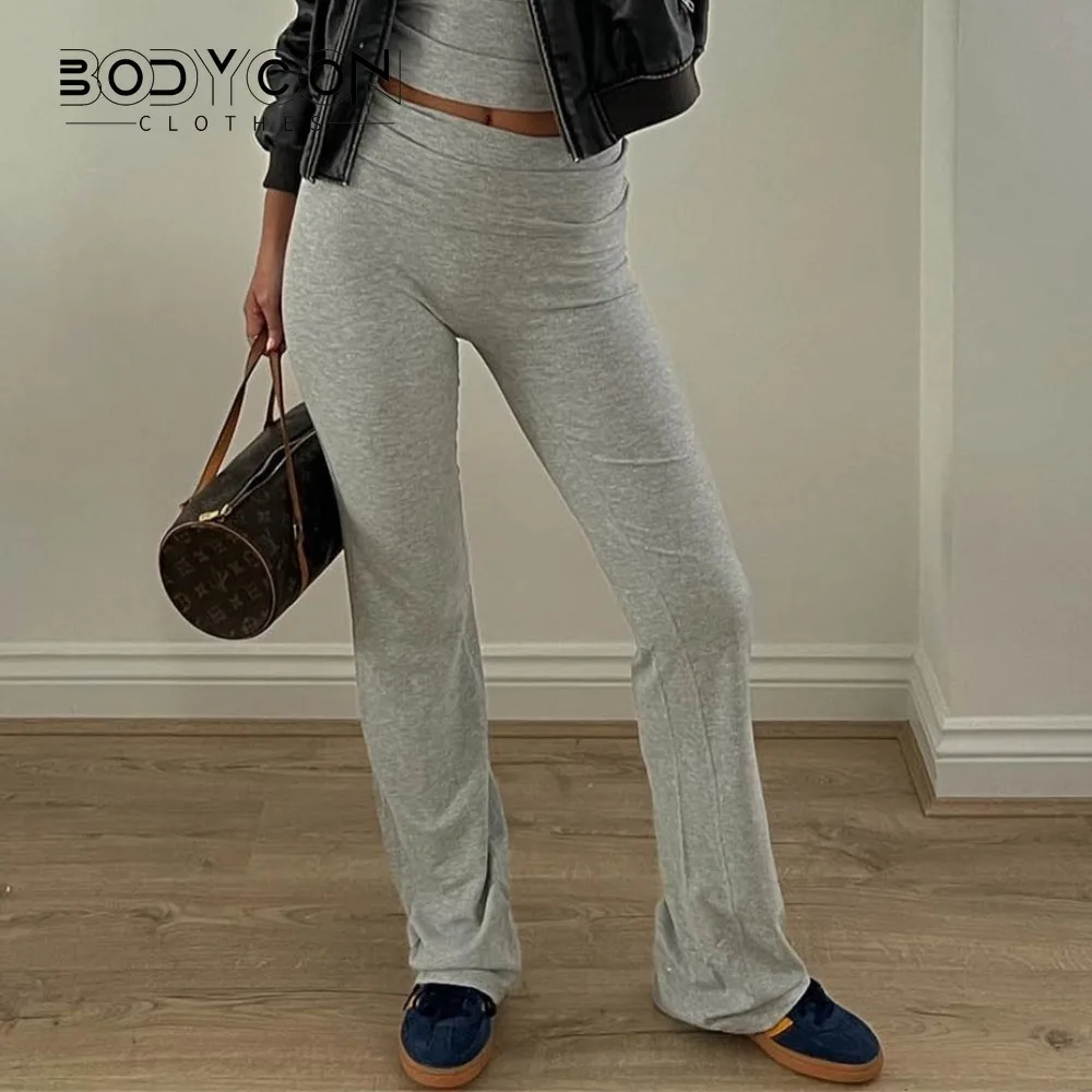 

Women's Solid Pants Slim Fitting High Waisted Streetwear Casual Flare Pants Fold Rib Knitted Pants Full Length Capris Trousers